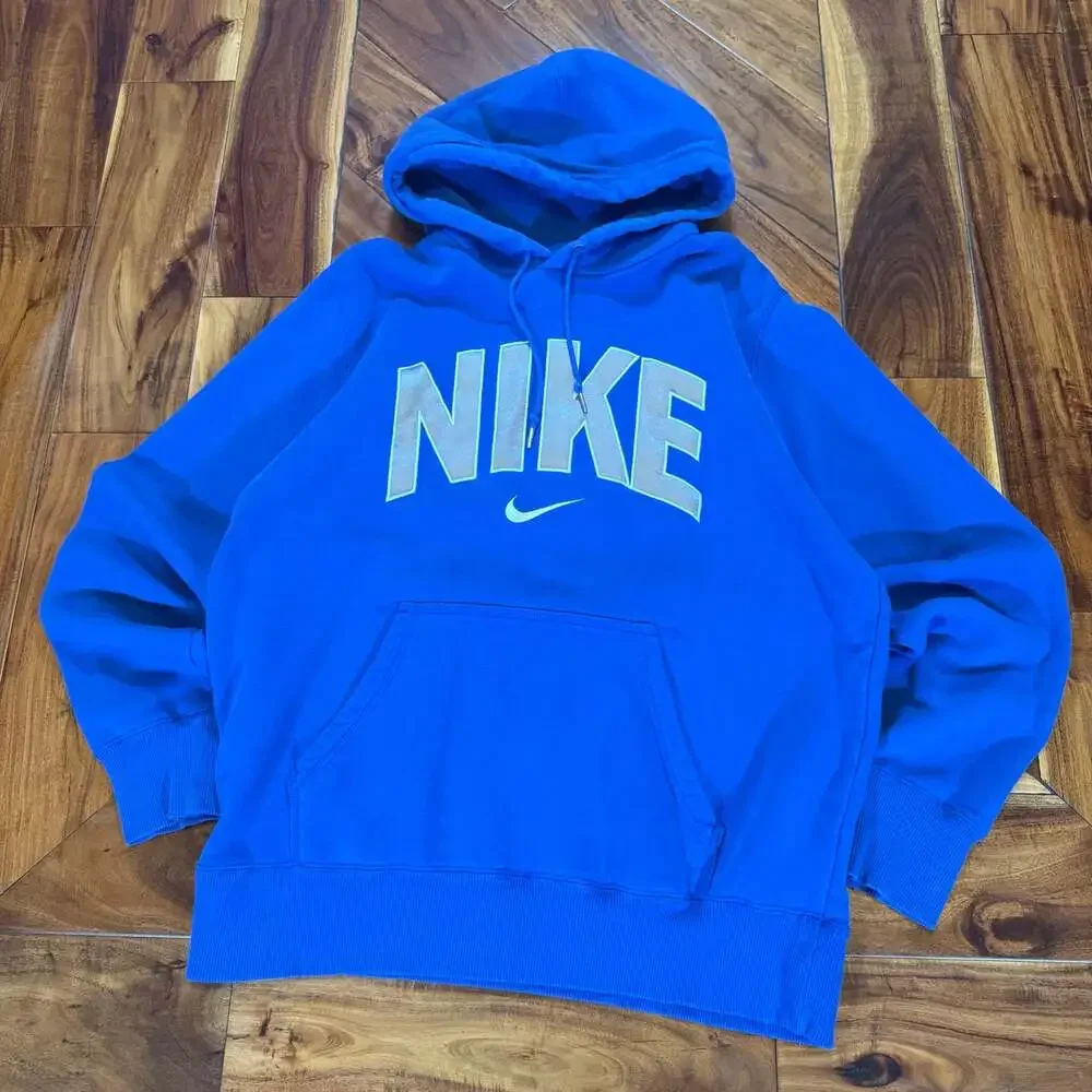Nike Centerswoosh Spellout Hoodie Blue Grey Vintage Boxy Fit Large
